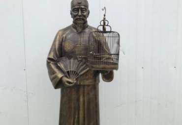 遛鸟人物雕塑-玻璃钢仿铜民俗生活遛鸟人物雕像