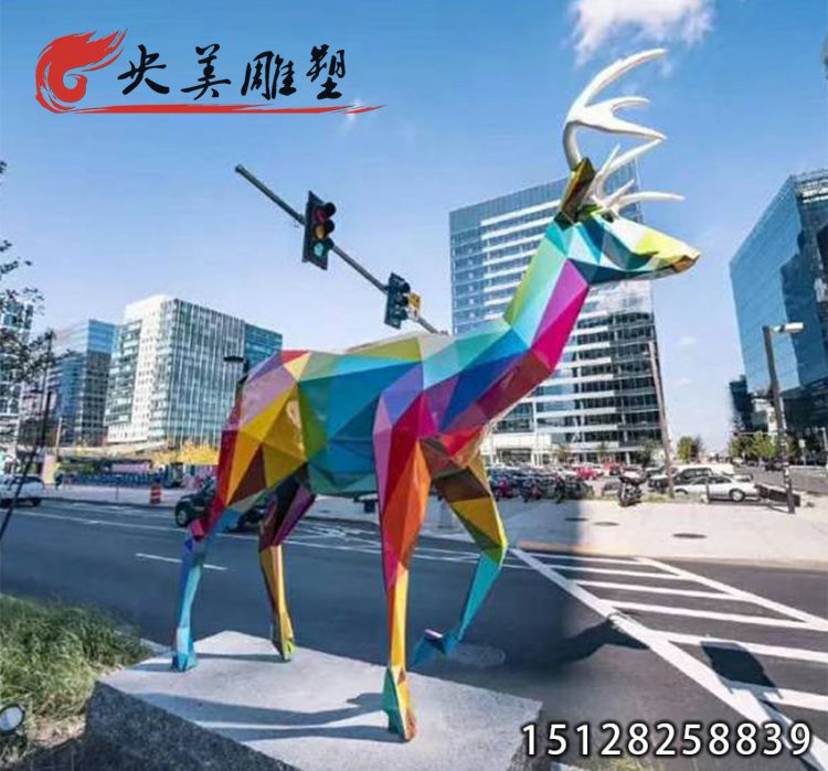 不锈钢切面鹿-几何抽象梅花鹿广场户外庭院艺术动物雕塑图片