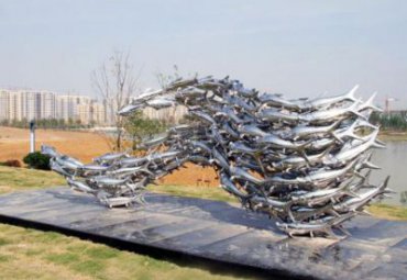 不锈钢鱼群雕塑-广场景观水景抽象鱼群景墙