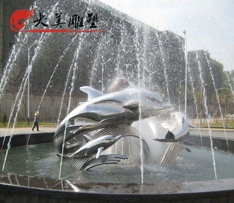 广场不锈钢海豚喷泉水景观雕塑摆件图片