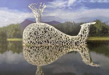 园林大型不锈钢字体镂空鲸鱼喷水雕塑