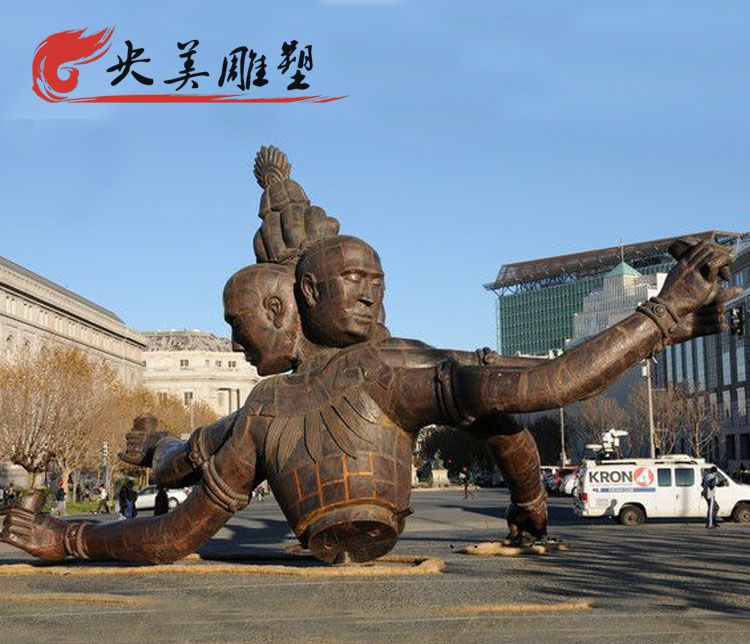 广场摆放创意大型三头六臂人物铜雕塑图片
