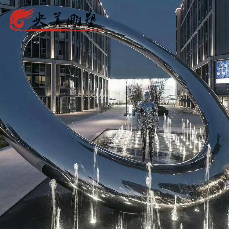 广场创意不锈钢喷泉水景摆件圆环雕塑图片