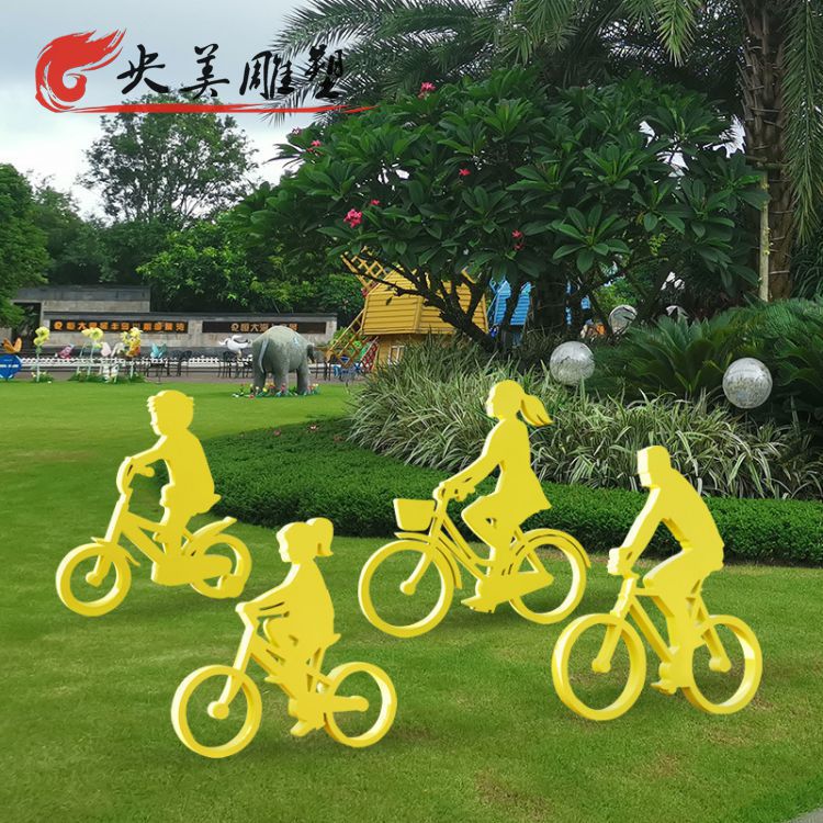 园林不锈钢剪影抽象骑自行车的人物雕塑图片