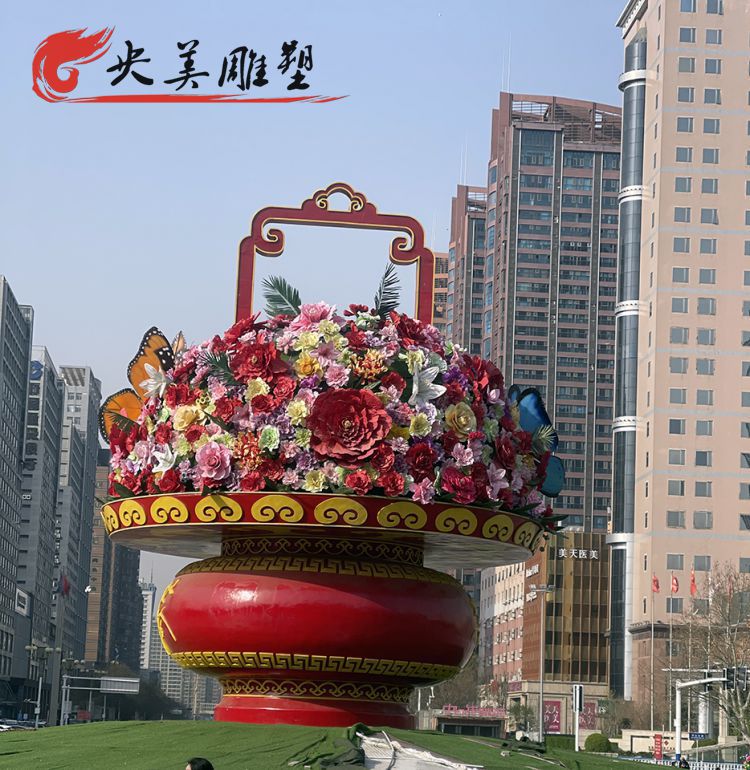 国庆彩绘玻璃钢仿真彩绘花朵大型景观摆件大花篮图片 国庆彩绘玻璃钢仿真彩绘花朵大型景观摆件大花篮图片
