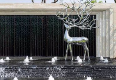庭院售楼部水池喷泉摆放镜面不锈钢创意梅花鹿雕塑