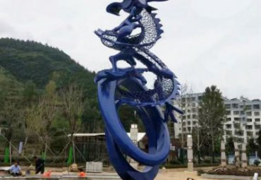 广场创意不锈钢动物景观抽象镂空蓝色龙雕塑
