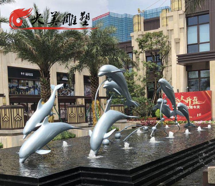 小区别墅水池摆放玻璃钢仿真跳跃海豚群海洋动物雕塑图片