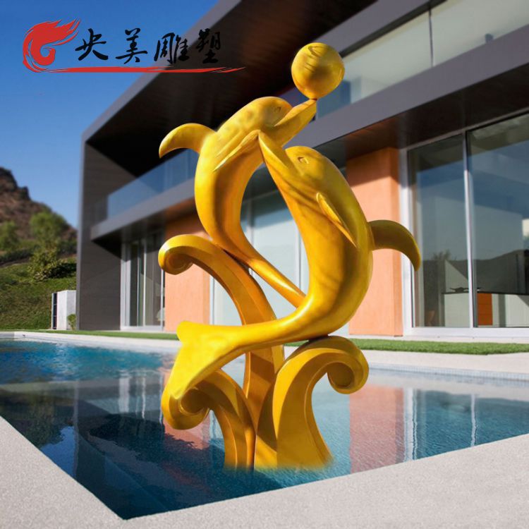 酒店会所玻璃钢水景摆件玩球的海豚雕塑图片