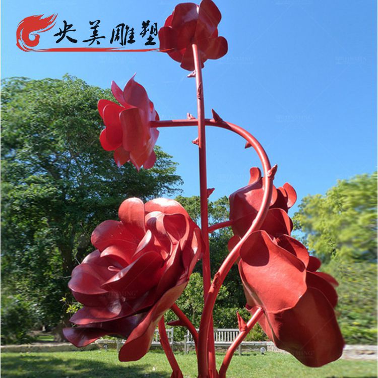 景观园林不锈钢抽象红色玫瑰花雕塑图片