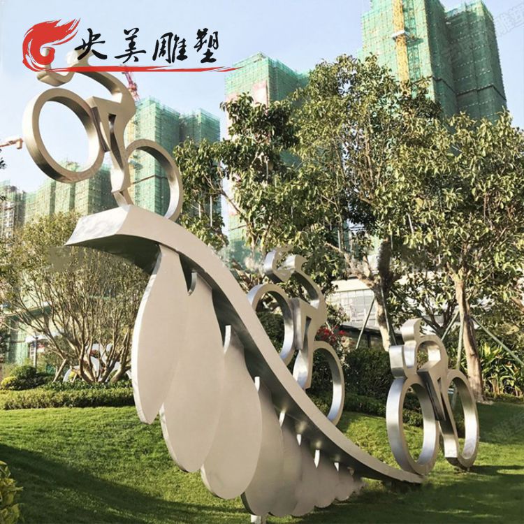 创意园林草坪景观不锈钢抽象骑自行车的人物景观装饰摆件图片 创意园林草坪景观不锈钢抽象骑自行车的人物景观装饰摆件图片