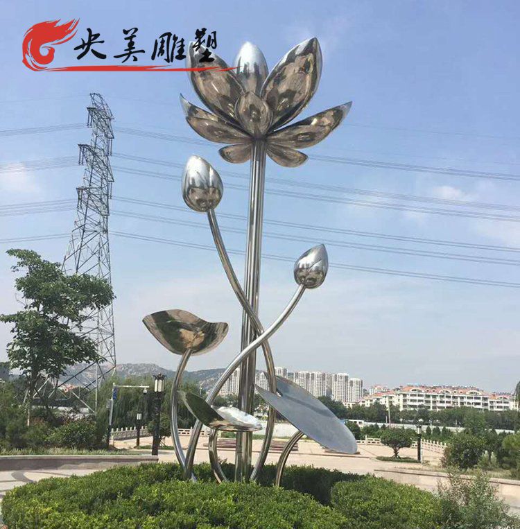 城市广场摆放镜面不锈钢荷花园林雕塑图片